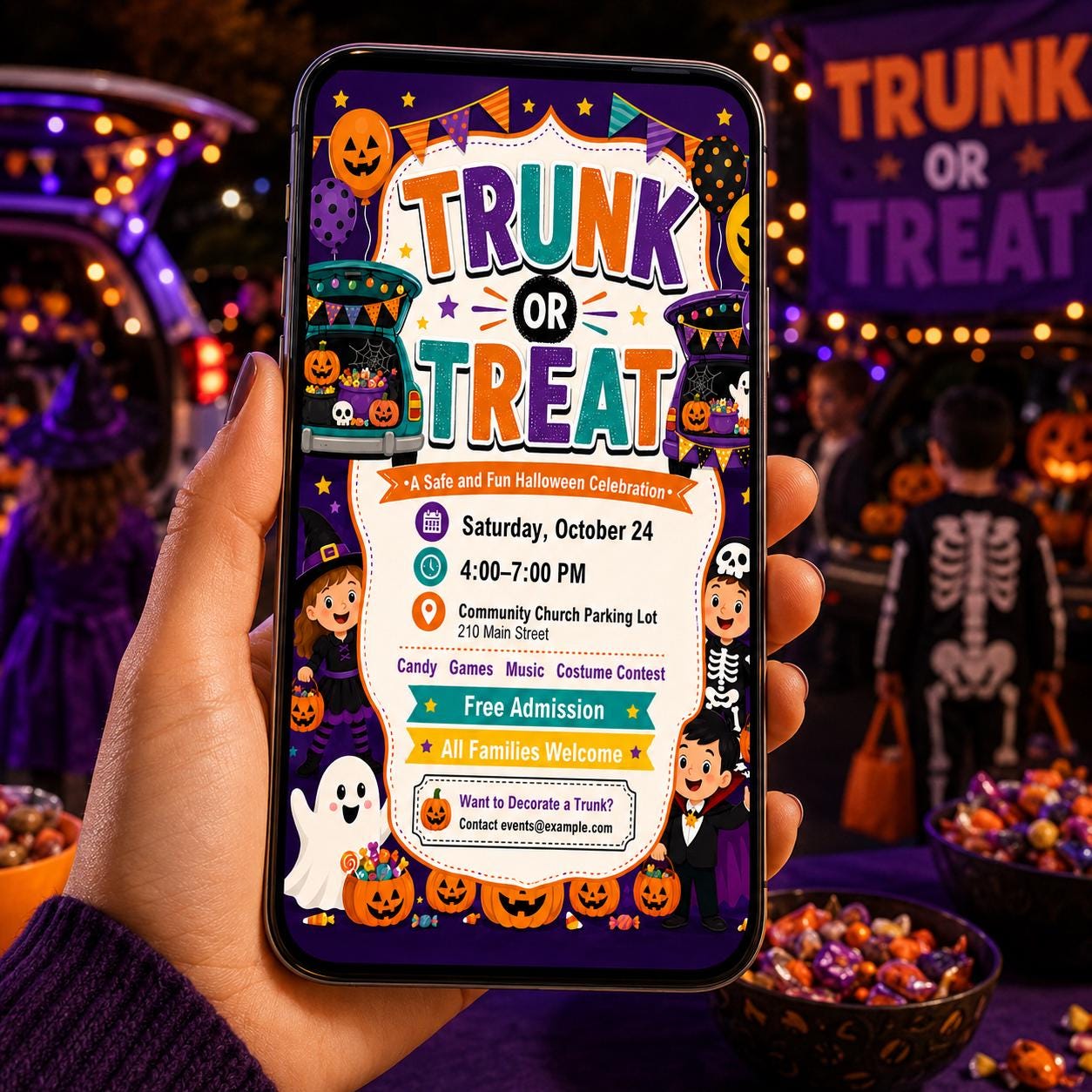 Trunk or Treat Flyer Template, Kids Church School Halloween Event, Editable Printable Canva Template - Image 5