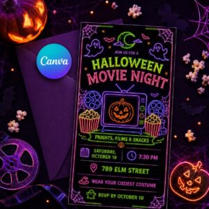 Halloween Movie Night Invitation, Neon Ghost Watch Party, Frights Films and Snacks Editable Printable Canva Template