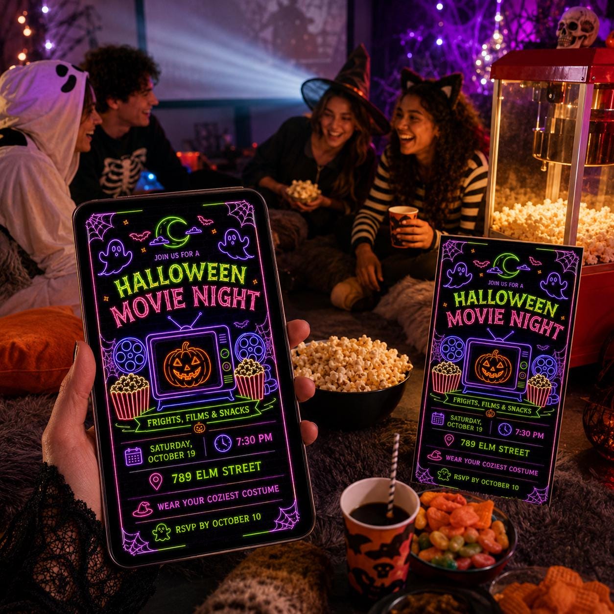 Halloween Movie Night Invitation, Neon Ghost Watch Party, Frights Films and Snacks Editable Printable Canva Template - Image 6