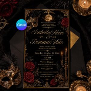 Masquerade Wedding Invitation, Black Gold Gothic Halloween Ceremony, Red Rose Elegant Editable Printable Canva Template