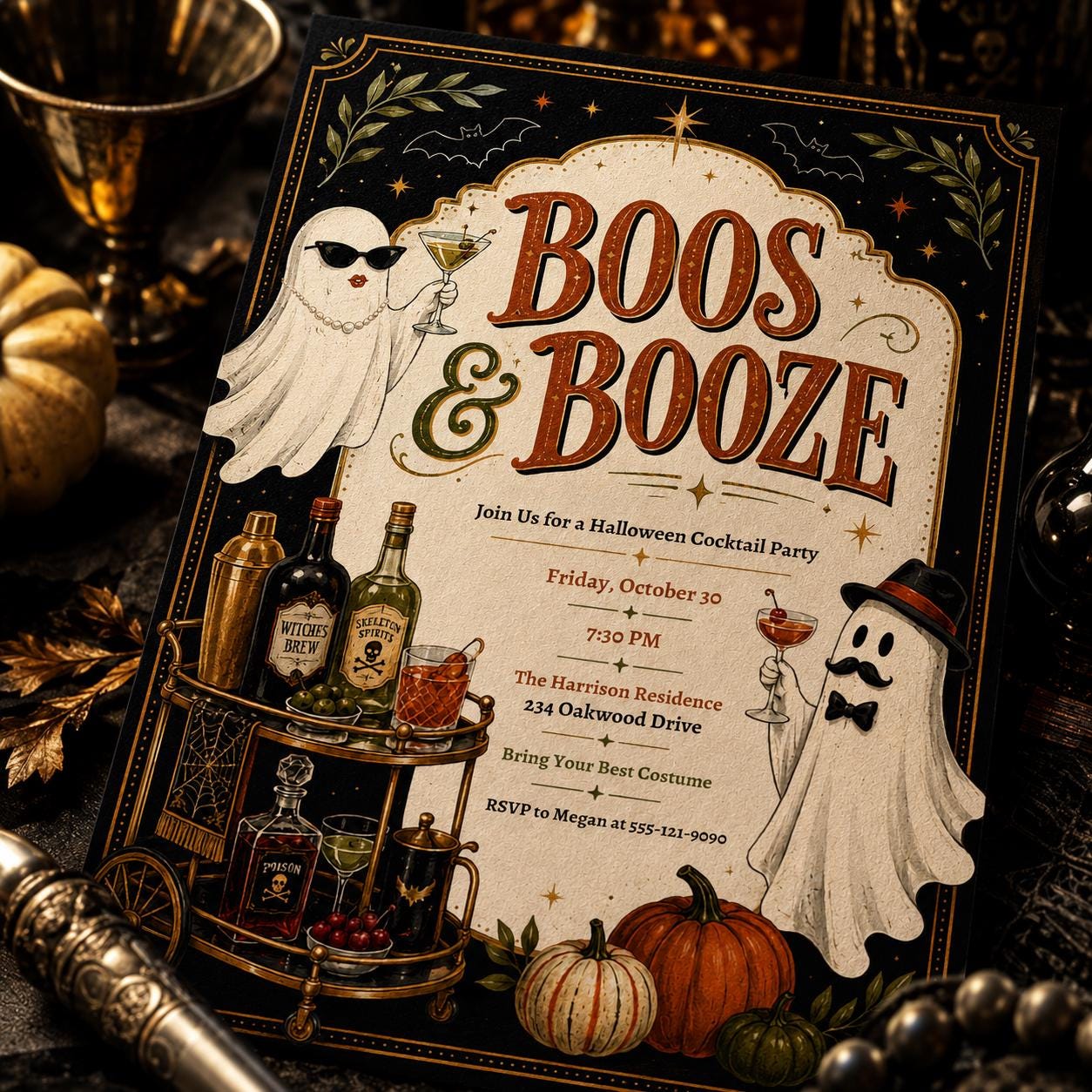 Halloween Cocktail Party Invitation, Boos and Booze Ghost Adult Invite, Editable Printable Canva Template - Image 3