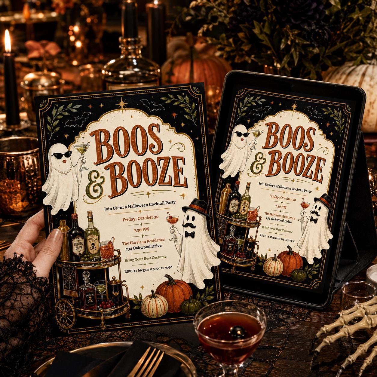 Halloween Cocktail Party Invitation, Boos and Booze Ghost Adult Invite, Editable Printable Canva Template - Image 4