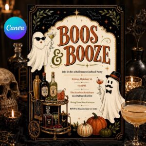 Halloween Cocktail Party Invitation, Boos and Booze Ghost Adult Invite, Editable Printable Canva Template
