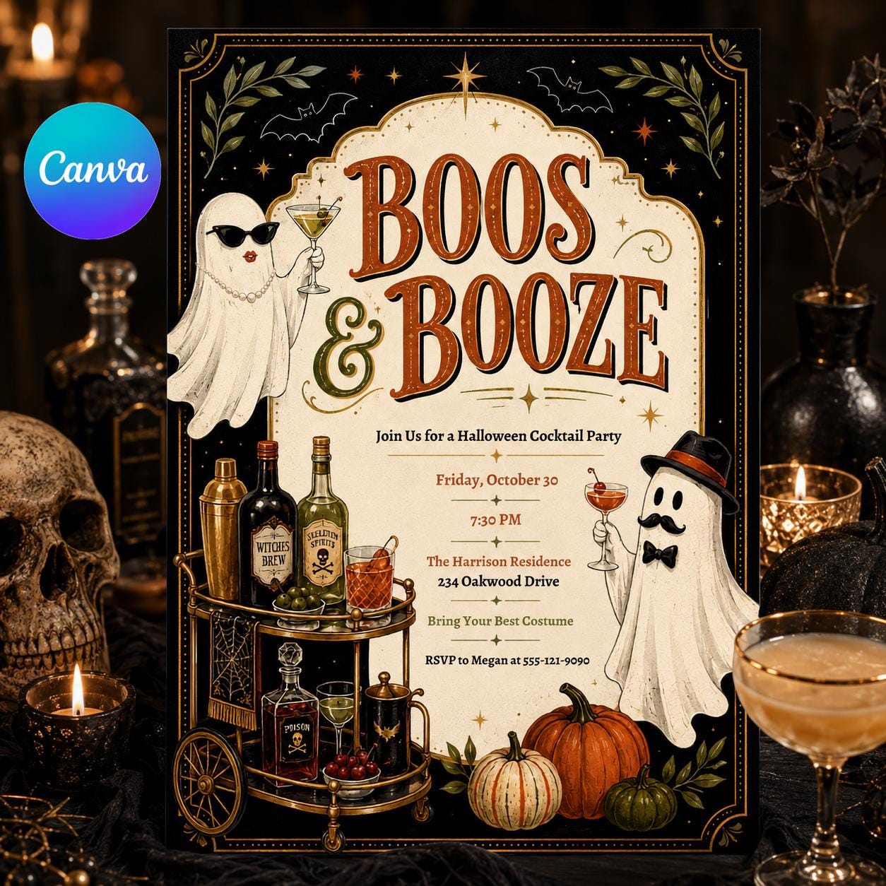 Halloween Cocktail Party Invitation, Boos and Booze Ghost Adult Invite, Editable Printable Canva Template