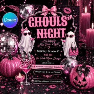 Girls Halloween Party Invitation, Ghoul's Night Pink Ghost Invite, Editable Printable Canva Template