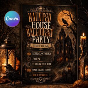 Haunted House Halloween Invitation, Gothic Mansion Costume Party, Vintage Editable Printable Canva Template