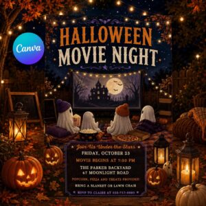Halloween Movie Night Invitation, Outdoor Backyard Ghost Party, Editable Printable Canva Template