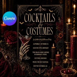 Costumes and Cocktails Invitation, Adult Gothic Halloween Party, Dark Floral Editable Printable Canva Template