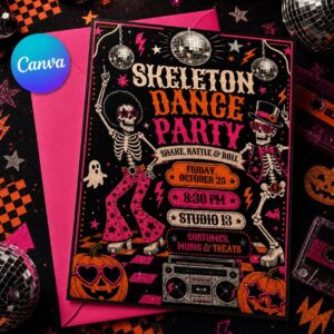 Halloween Disco Party Invitation, Retro Skeleton Dance Invite, Groovy Costume Event, Editable Printable Canva Template
