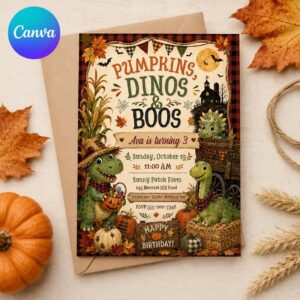 Dinosaur 3rd Birthday Invitation, Pumpkin Fall Party Invite for Girls, Rustic Farm Harvest Editable Canva Template