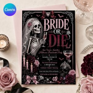 Bride or Die Bachelorette Invitation, Halloween Bach Party Invite, Gothic Skeleton Bride, Editable Pink Black Canva Template