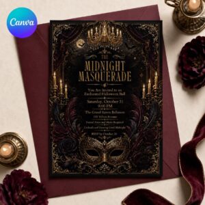 Midnight Masquerade Invitation, Gothic Halloween Ball Invite, Black Gold Costume Party, Editable Digital Download Canva Template