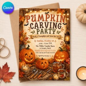 Pumpkin Carving Party Invitation, Rustic Fall Halloween Invite, Fall Harvest Template Editable Printable Canva Template