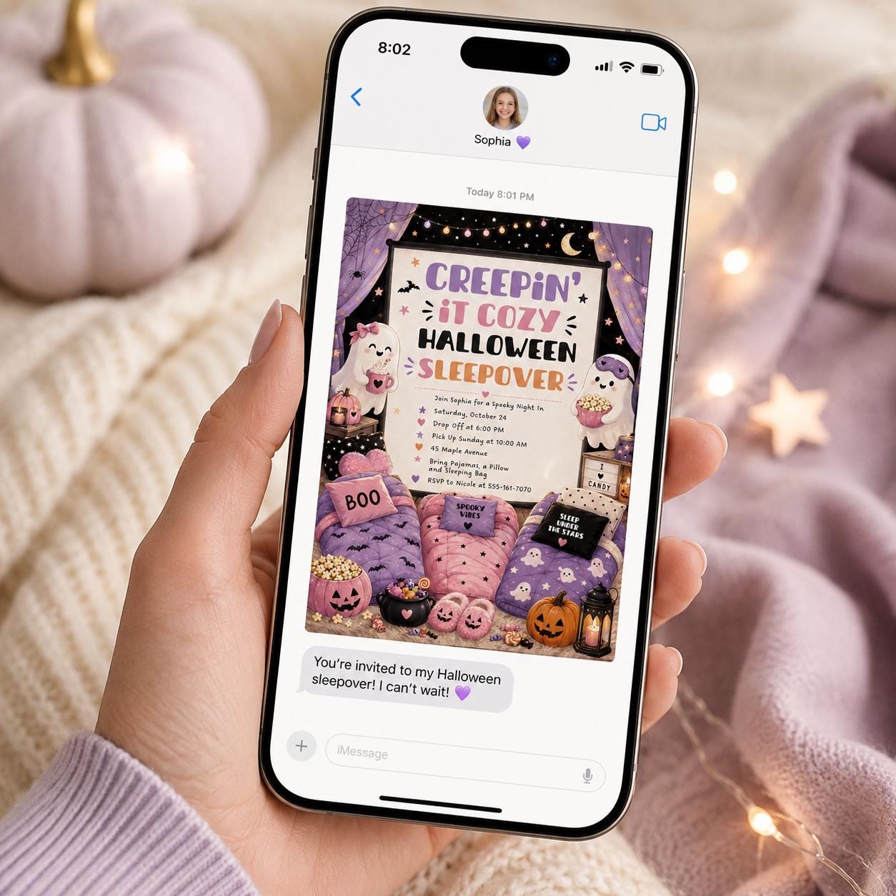 Halloween Sleepover Invitation, Spooky Pajama Party Invite for Girls, Pink Purple Editable Printable Canva Template - Image 3