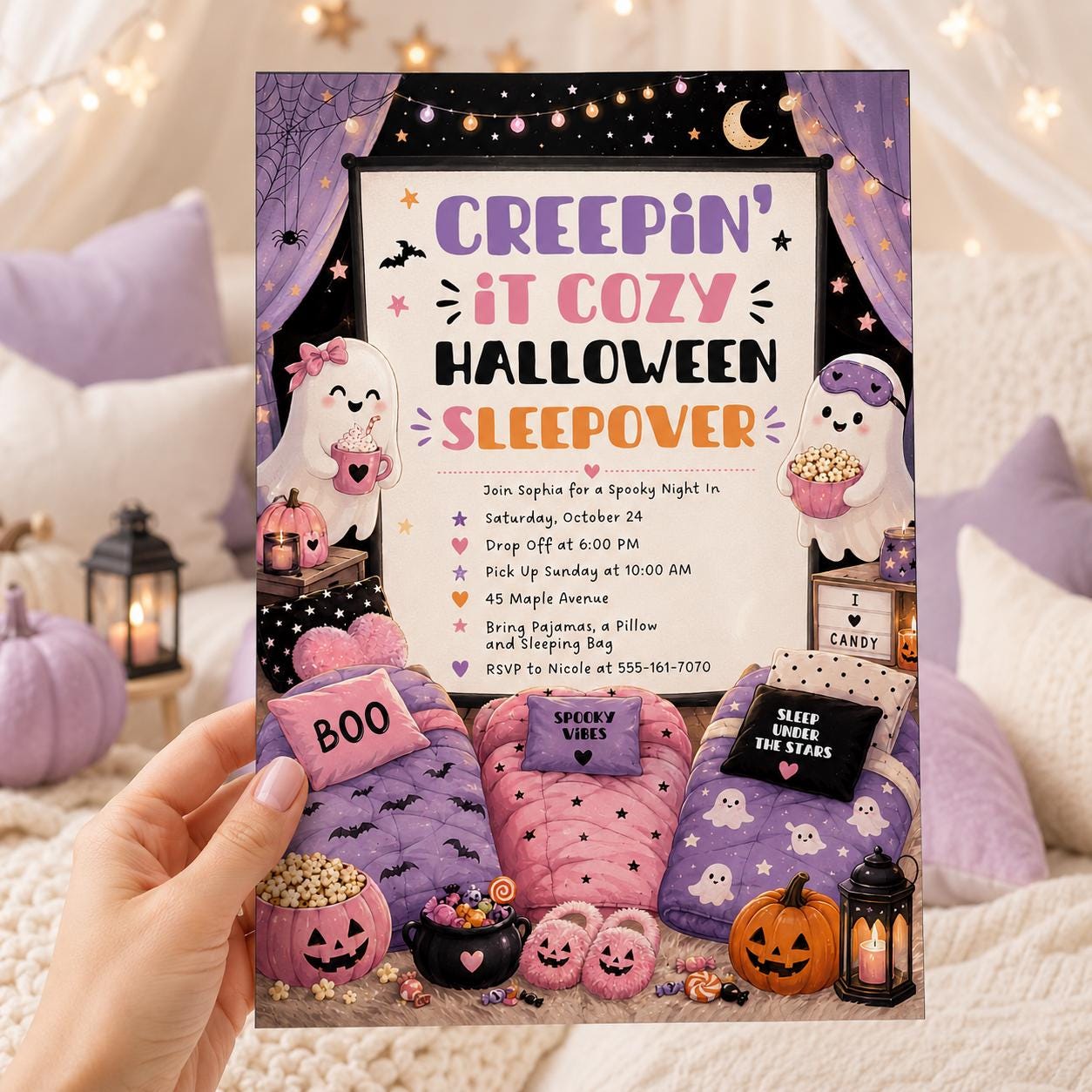 Halloween Sleepover Invitation, Spooky Pajama Party Invite for Girls, Pink Purple Editable Printable Canva Template - Image 4