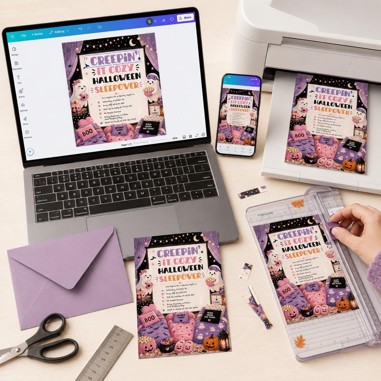 Halloween Sleepover Invitation, Spooky Pajama Party Invite for Girls, Pink Purple Editable Printable Canva Template - Image 5