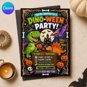 Dinosaur Halloween Birthday Invitation, Dino-Ween Trick or Treat Party, T Rex Costume Invite, Editable Printable Canva Template