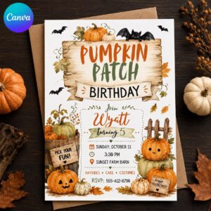 Pumpkin Patch Birthday Invitation, Fall Farm Party Invite for Kids, Rustic Watercolor Editable Printable Canva Template