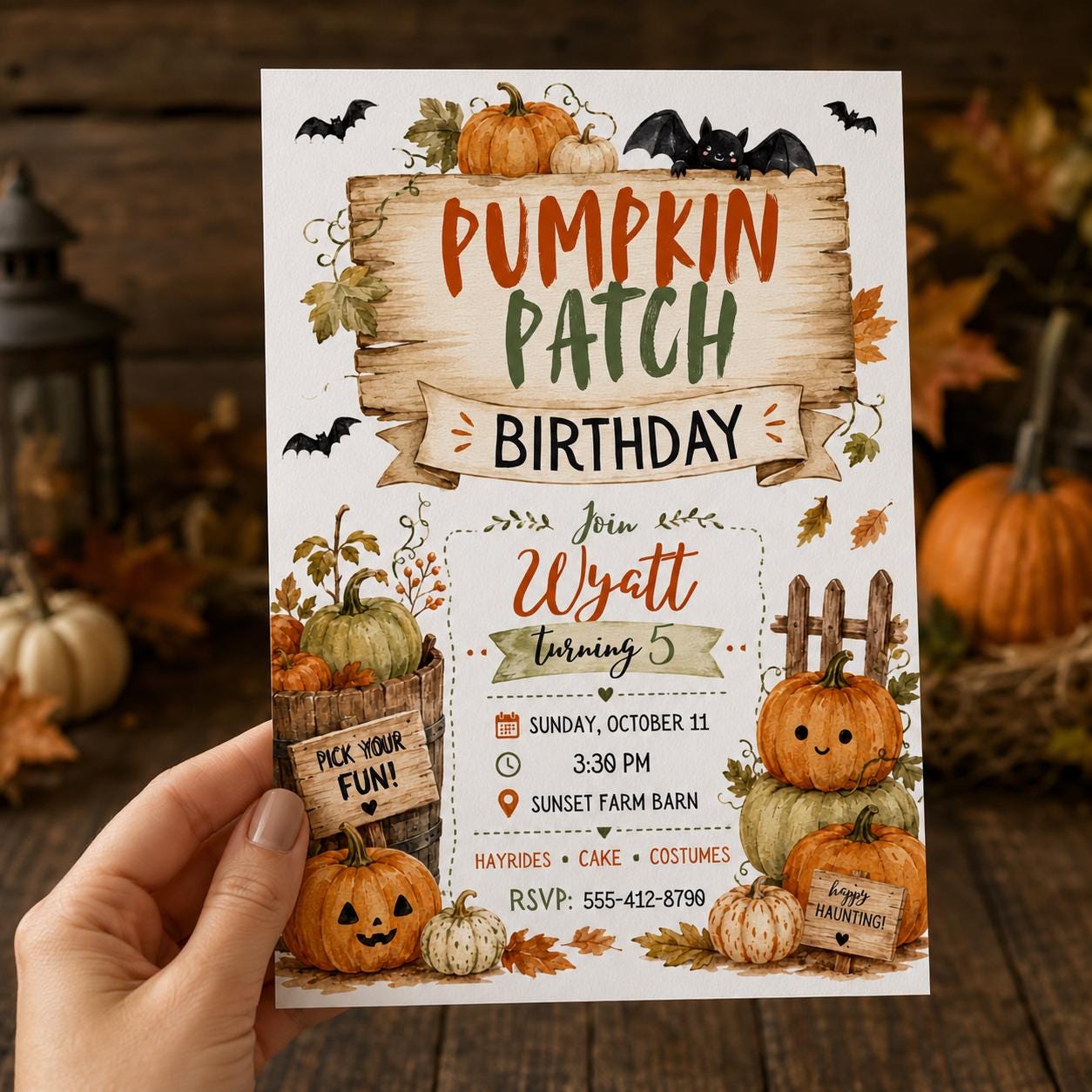 Pumpkin Patch Birthday Invitation, Fall Farm Party Invite for Kids, Rustic Watercolor Editable Printable Canva Template - Image 4