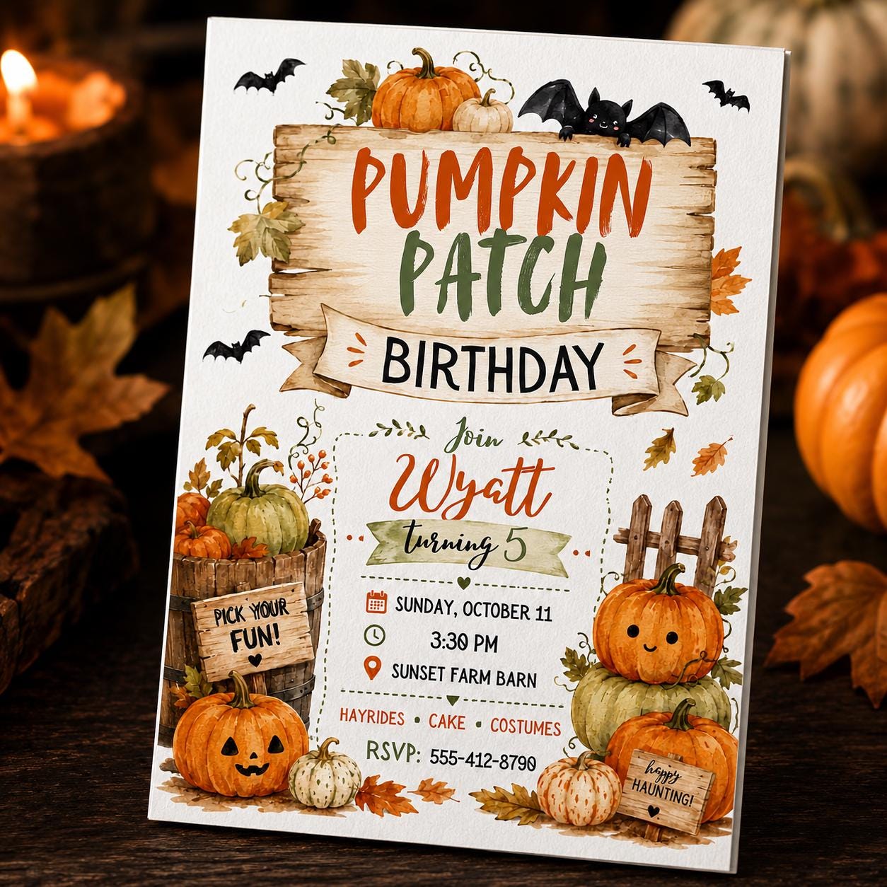 Pumpkin Patch Birthday Invitation, Fall Farm Party Invite for Kids, Rustic Watercolor Editable Printable Canva Template - Image 6