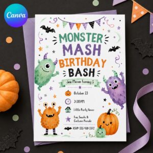 Monster Mash Birthday Invitation, Cute Watercolor Halloween Party Invite for Kids, Editable Printable Canva Template