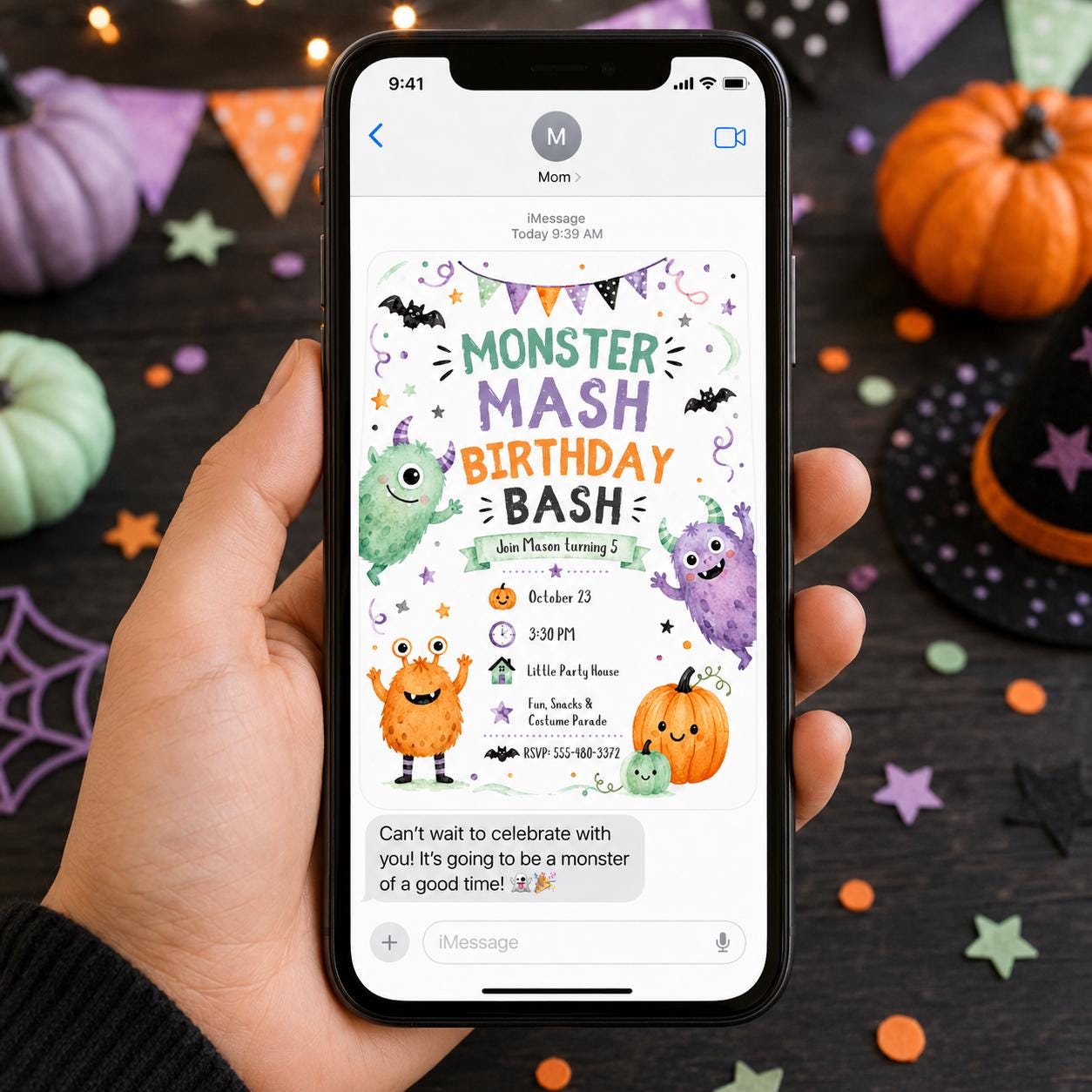 Monster Mash Birthday Invitation, Cute Watercolor Halloween Party Invite for Kids, Editable Printable Canva Template - Image 3