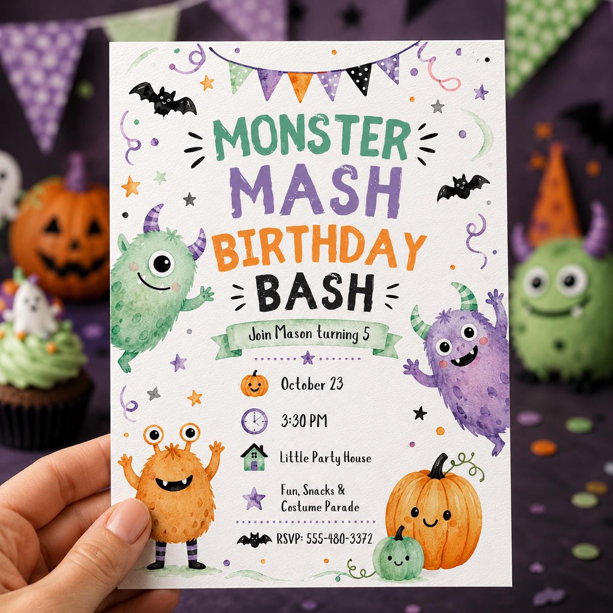Monster Mash Birthday Invitation, Cute Watercolor Halloween Party Invite for Kids, Editable Printable Canva Template - Image 4