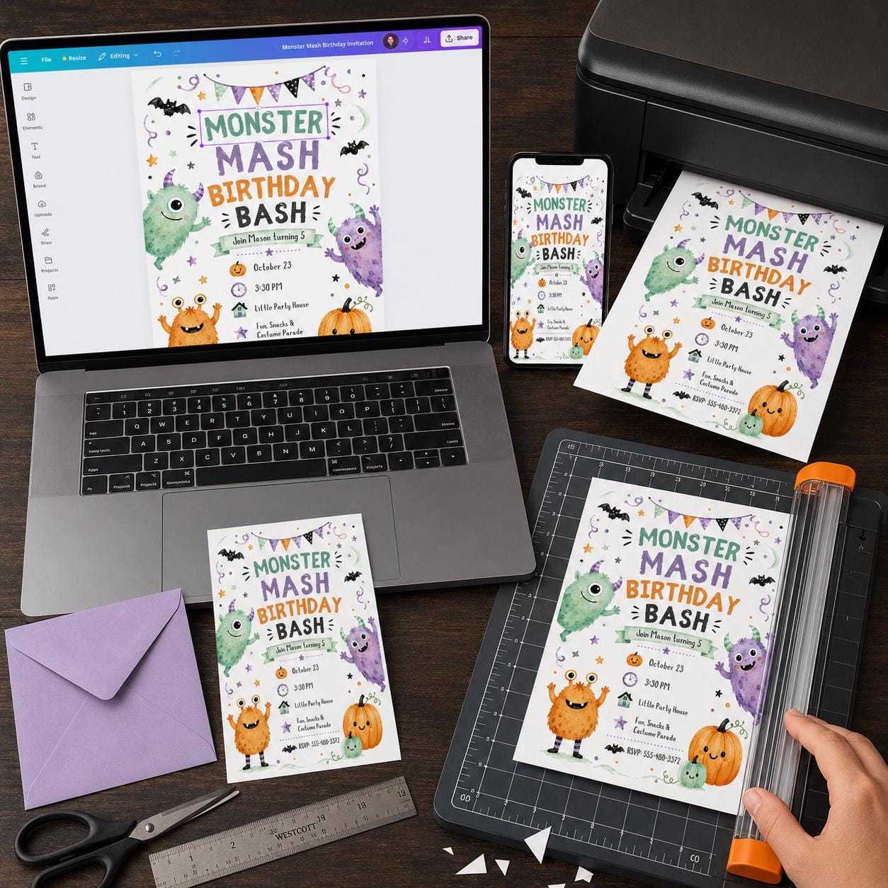 Monster Mash Birthday Invitation, Cute Watercolor Halloween Party Invite for Kids, Editable Printable Canva Template - Image 5