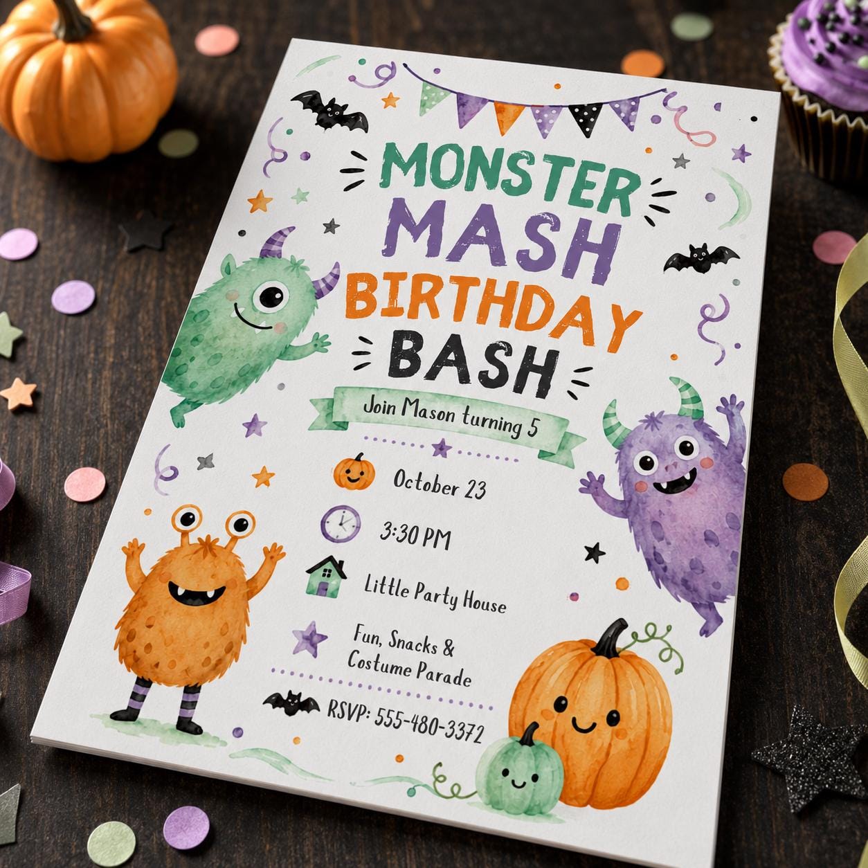 Monster Mash Birthday Invitation, Cute Watercolor Halloween Party Invite for Kids, Editable Printable Canva Template - Image 6