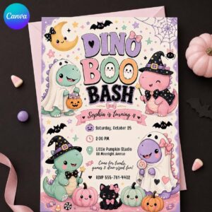 Pink Dinosaur Halloween Birthday Invitation, Dino Boo Bash Girl Party Invite, Cute Pastel 4th Birthday Editable Canva Template