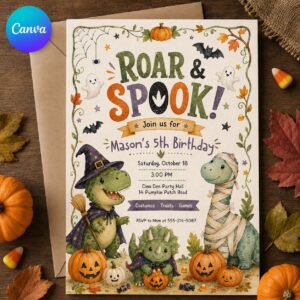 Dinosaur Halloween Birthday Invitation, Roar and Spook Dino Party Invite, Cute 5th Birthday Editable Canva Template
