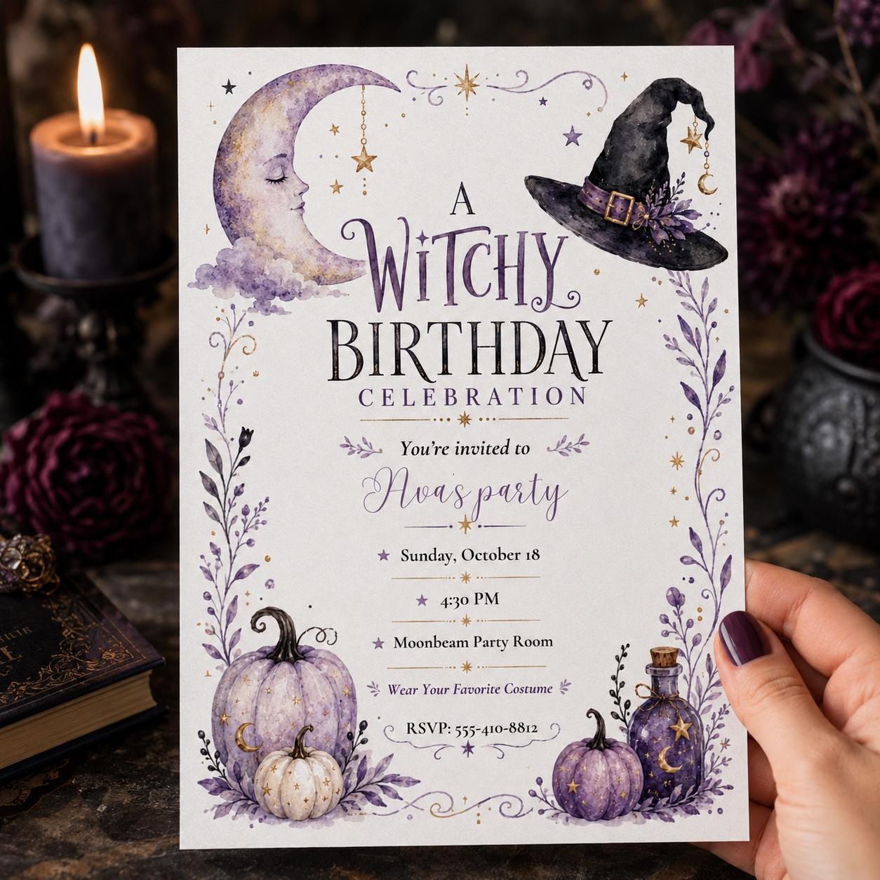 Witchy Birthday Invitation, Purple Moon and Pumpkin Halloween Party, Watercolor Editable Canva Template - Image 3