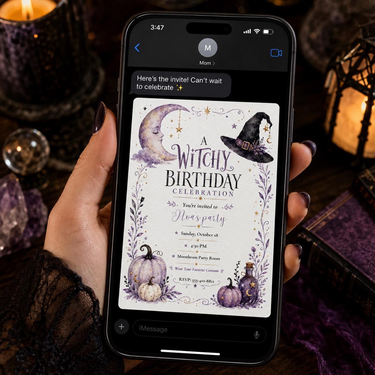 Witchy Birthday Invitation, Purple Moon and Pumpkin Halloween Party, Watercolor Editable Canva Template - Image 6