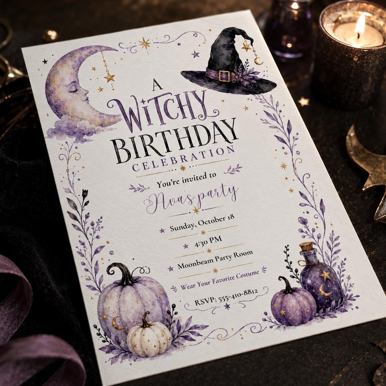 Witchy Birthday Invitation, Purple Moon and Pumpkin Halloween Party, Watercolor Editable Canva Template - Image 5