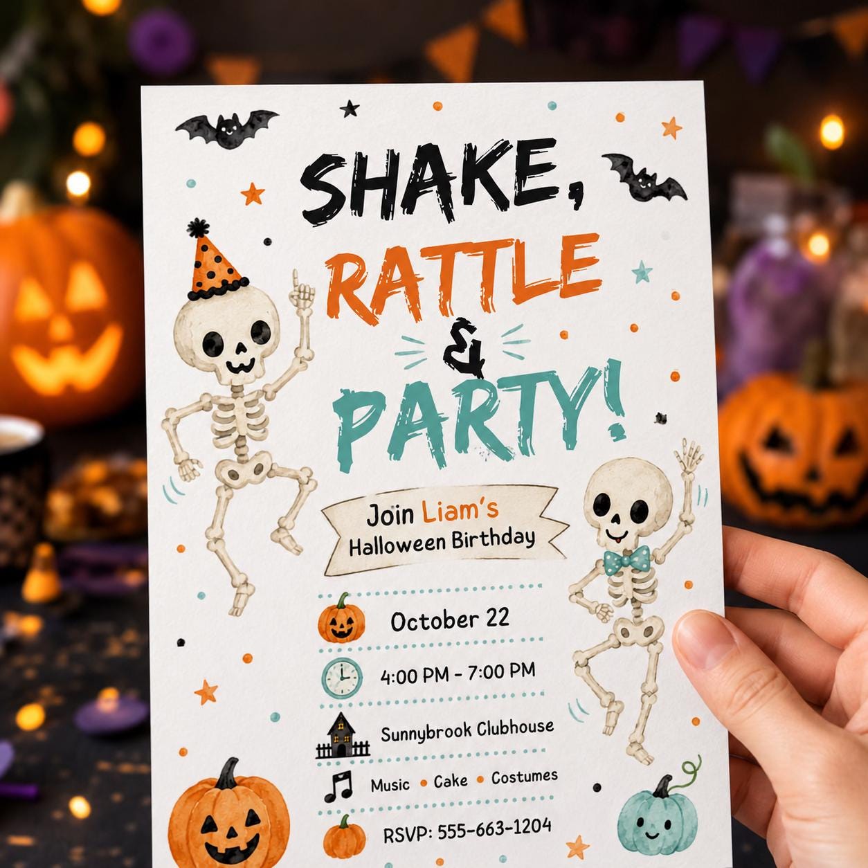 Skeleton Halloween Birthday Invitation, Shake Rattle Party Invite, Watercolor Dancing Bones Editable Canva Template - Image 5