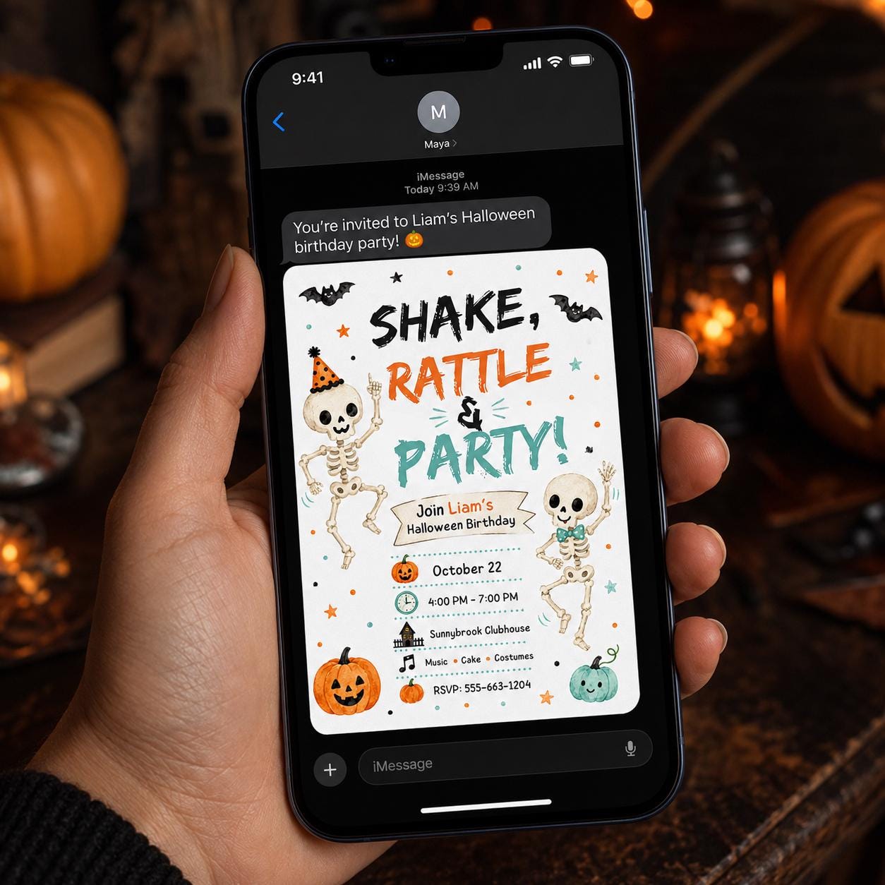 Skeleton Halloween Birthday Invitation, Shake Rattle Party Invite, Watercolor Dancing Bones Editable Canva Template - Image 4