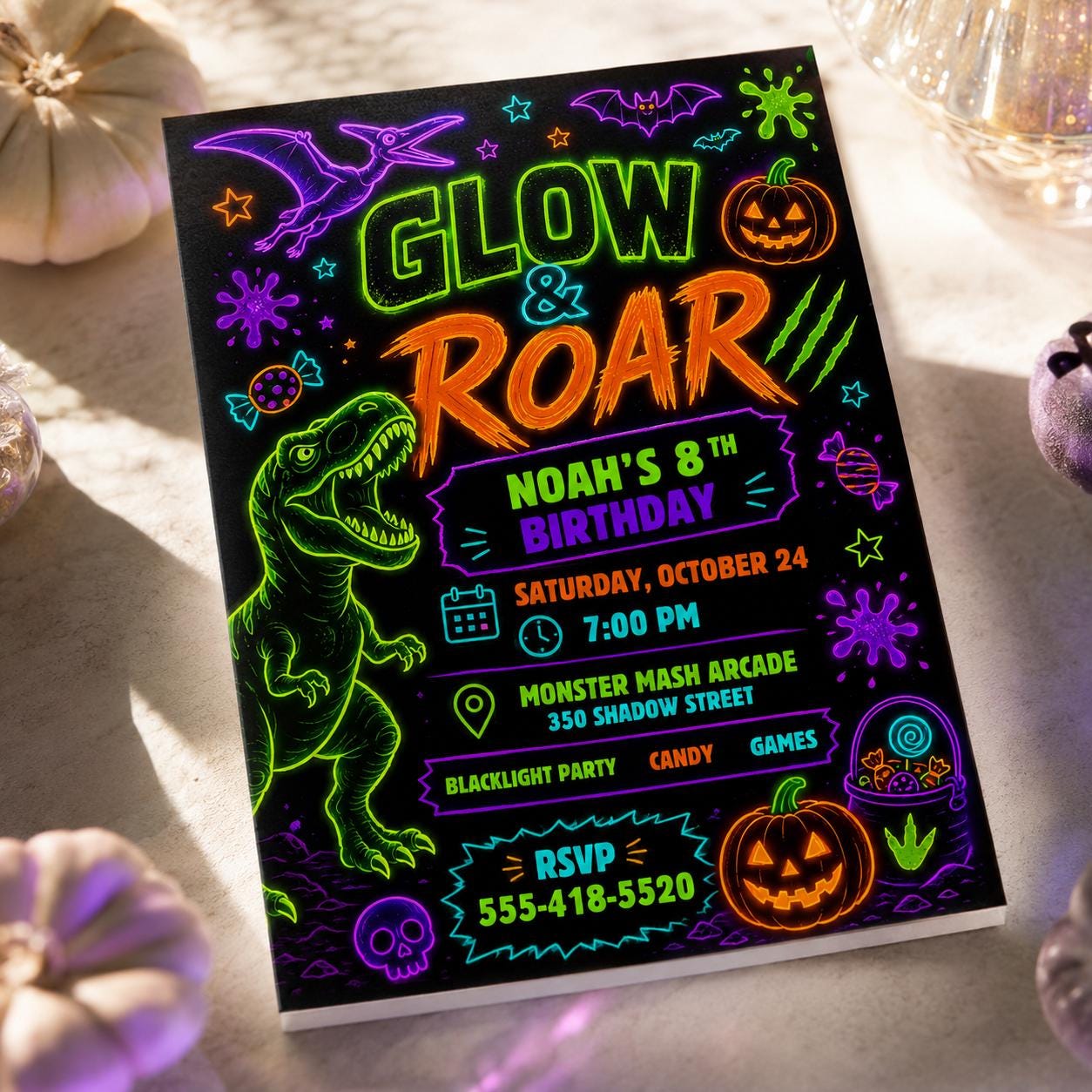 Neon Dinosaur Birthday Invitation, Glow in the Dark Halloween Party, Blacklight 8th Birthday Editable Canva Template - Image 3