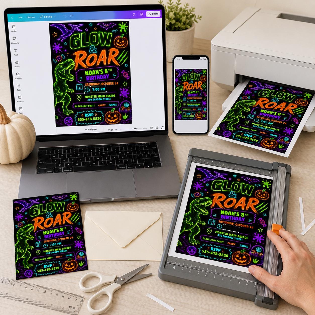 Neon Dinosaur Birthday Invitation, Glow in the Dark Halloween Party, Blacklight 8th Birthday Editable Canva Template - Image 6