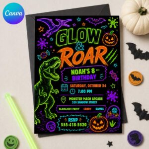 Neon Dinosaur Birthday Invitation, Glow in the Dark Halloween Party, Blacklight 8th Birthday Editable Canva Template