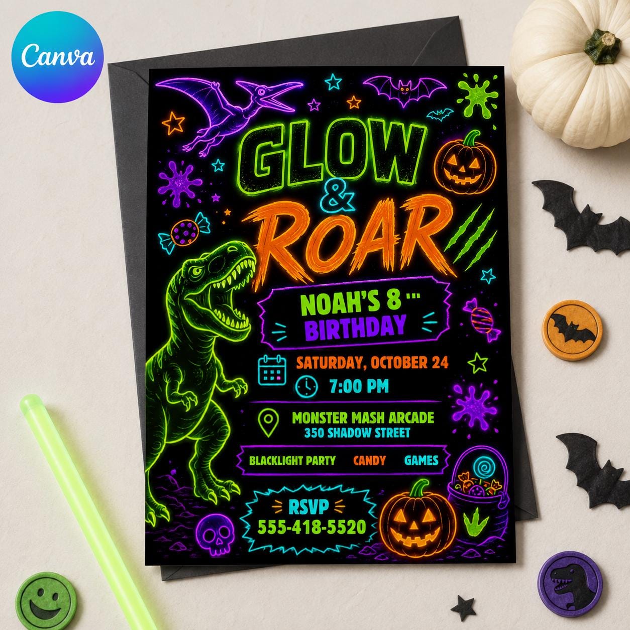 Neon Dinosaur Birthday Invitation, Glow in the Dark Halloween Party, Blacklight 8th Birthday Editable Canva Template