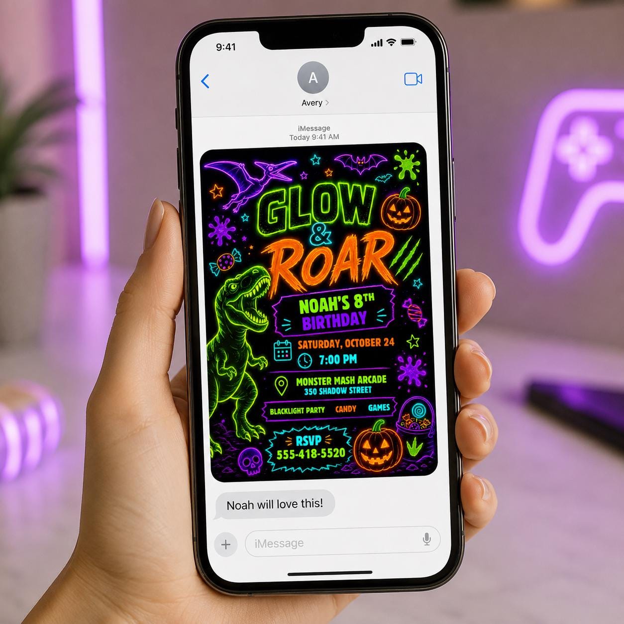 Neon Dinosaur Birthday Invitation, Glow in the Dark Halloween Party, Blacklight 8th Birthday Editable Canva Template - Image 4