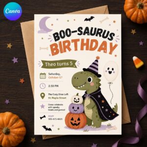 Dinosaur Halloween Birthday Invitation, Boo-Saurus 5th Birthday Party, Cute Spooky Dino Editable Canva Template