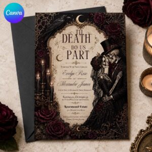 Till Death Do Us Part Wedding Invitation, Gothic Skeleton Bride and Groom, Dark Halloween Editable Canva Template