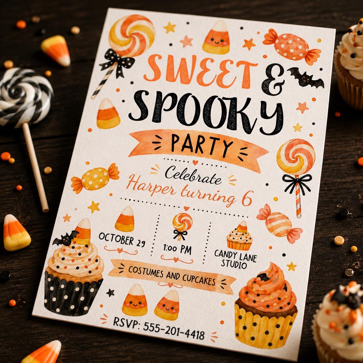 Sweet and Spooky Birthday Invitation, Candy Corn Halloween Party Invite, Cute Cupcake Editable Canva Template - Image 4