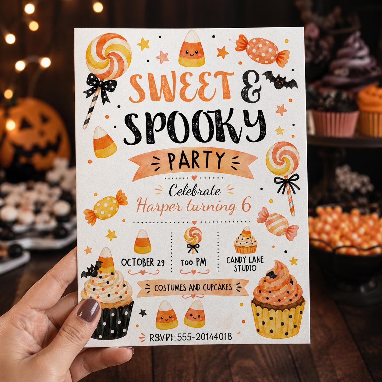 Sweet and Spooky Birthday Invitation, Candy Corn Halloween Party Invite, Cute Cupcake Editable Canva Template - Image 6