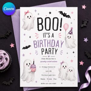 Pink Ghost Birthday Invitation, Hey Boo Halloween Party Invite for Girls, Cute Watercolor Editable Canva Template
