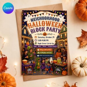 Halloween Block Party Invitation, Neighborhood Costume Parade and Potluck Flyer, Editable Printable Canva Template