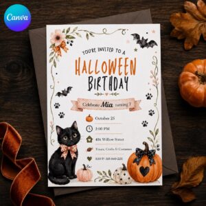 Black Cat Halloween Birthday Invitation, Girl Pumpkin Costume Party Invite, Cute Watercolor Editable Canva Template