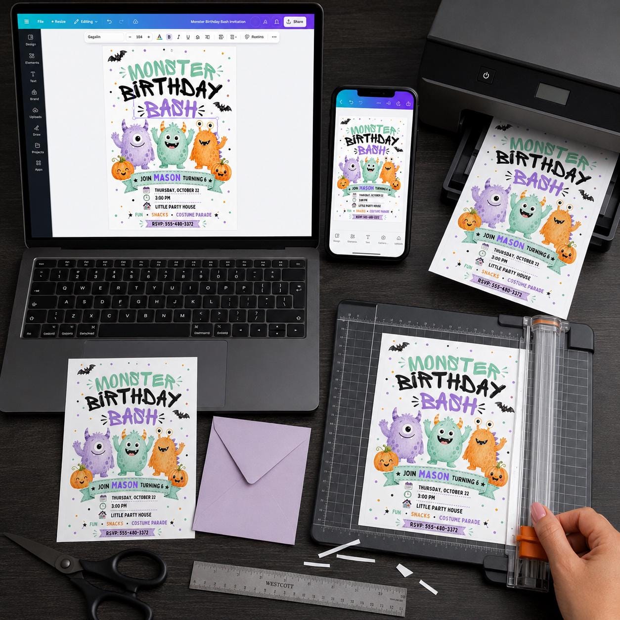 Monster Birthday Invitation, Cute Halloween Monster Bash Party for Kids, Watercolor Editable Canva Template - Image 6