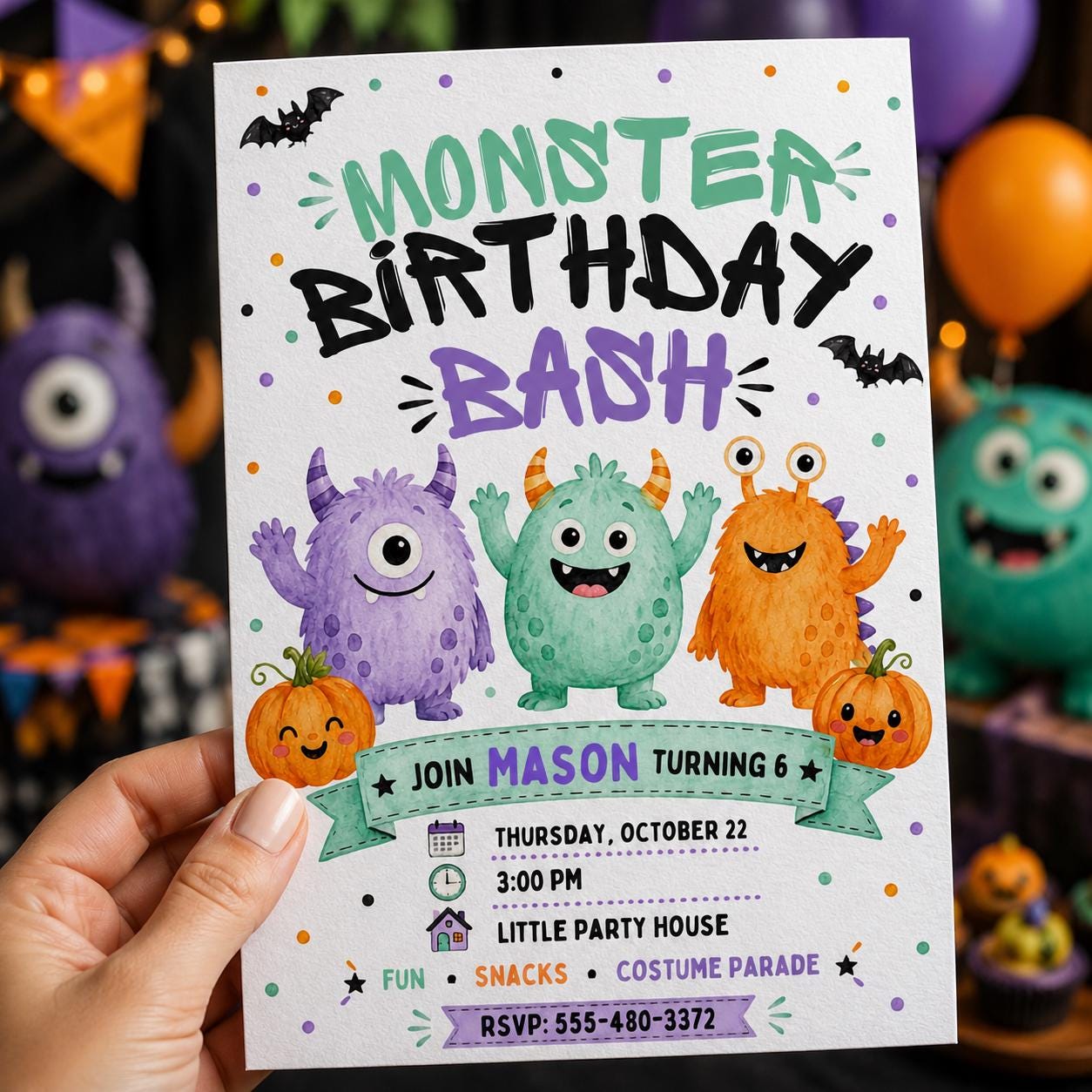 Monster Birthday Invitation, Cute Halloween Monster Bash Party for Kids, Watercolor Editable Canva Template - Image 5